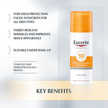 Load image into Gallery viewer, Eucerin Photoaging Control Sun Fluid SPF50 moisturizes and combats photoaging, while protecting your face from the sun&#39;s rays.
